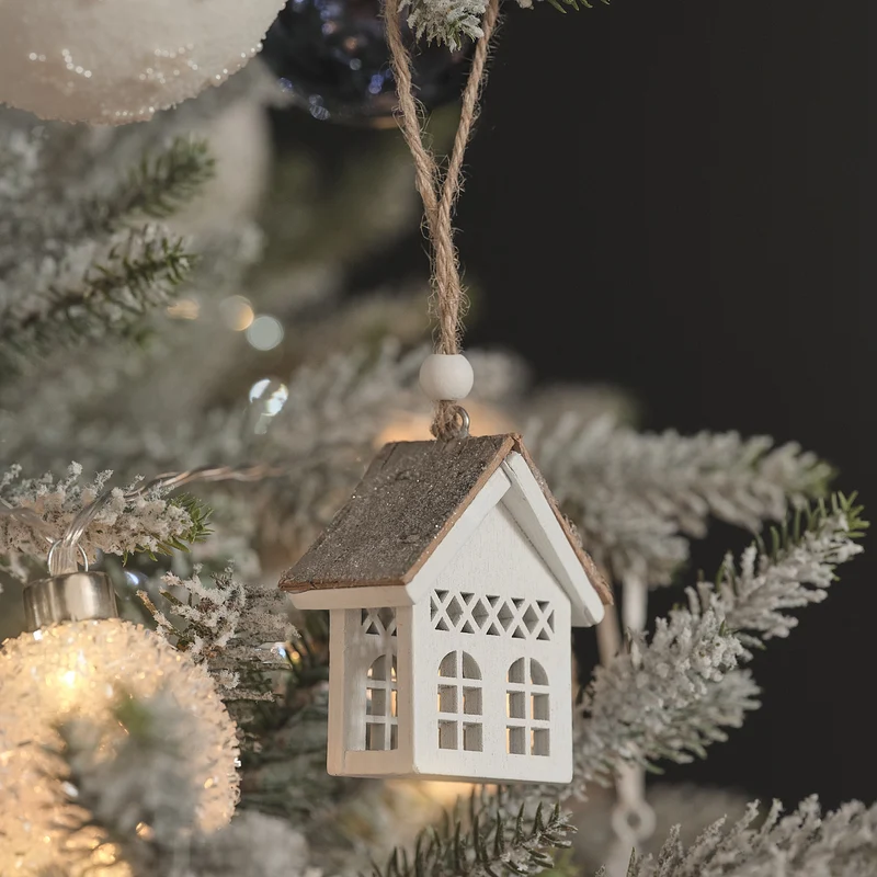 3er Set Weihnachtsbaumschmuck Holzhäuser in Weiß im Scandi Stil