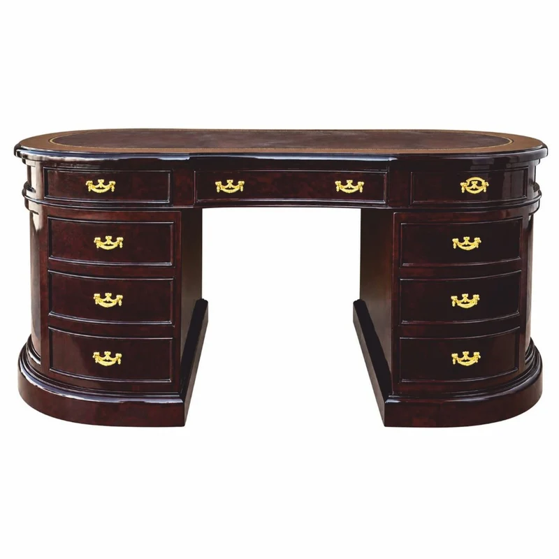 Casa Padrino Luxus Schreibtisch mit 9 Schubladen Dunkelbraun / Braun / Gold 180 cm - Ovaler Massivholz Bürotisch - Luxus Büro Möbel