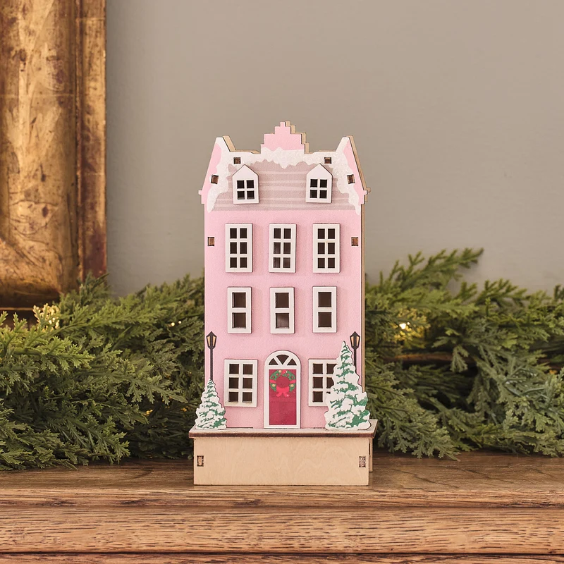 Beleuchtetes LED-Holzhaus in Rosa mit Timer