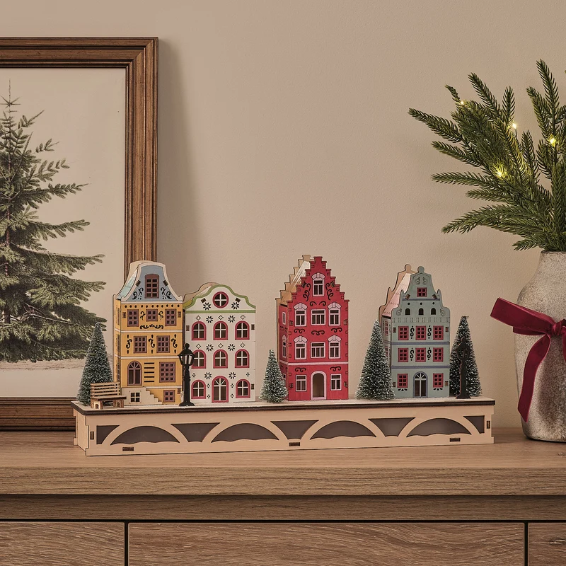 LED-Winterdorf aus Holz mit warmweißen LEDs
