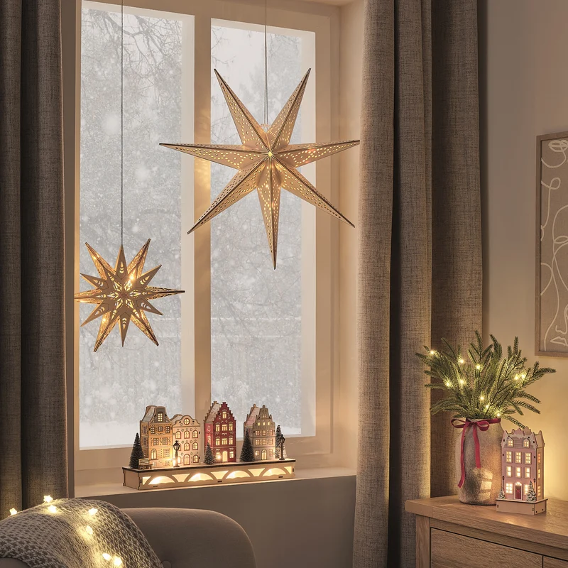 LED-Winterdorf aus Holz mit warmweißen LEDs