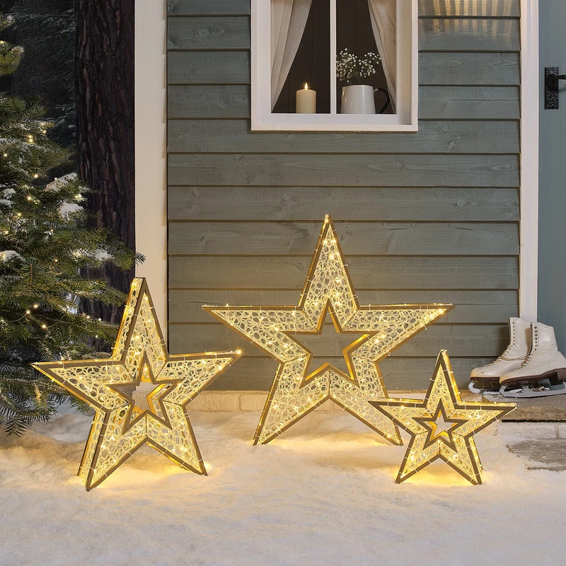 3er-Set beleuchtete Sterne außen in Gold mit 270 warmweißen LEDs