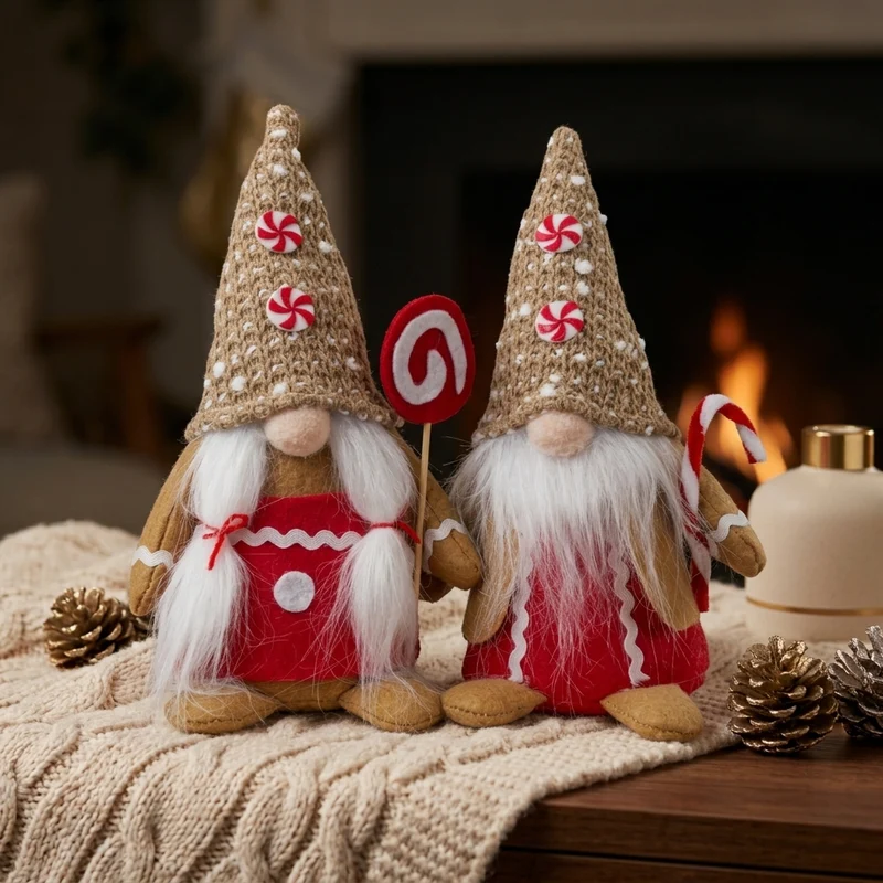 Weihnachtswichtel 25 cm Lebkuchen-Design sitzend 2 Stück süße Lebkuchen-Gnome mit Zuckerstangen, Bonbons & langem Plüschbart
