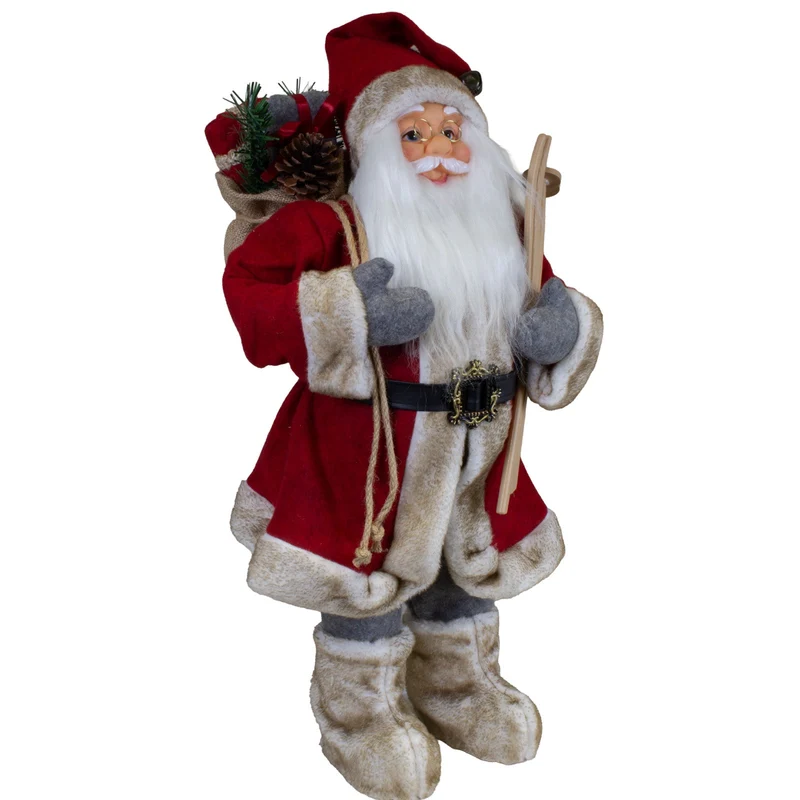 Weihnachtsmann 60 cm Santa mit Skiern und Geschenkesack | Klassische Weihnachtsdekoration