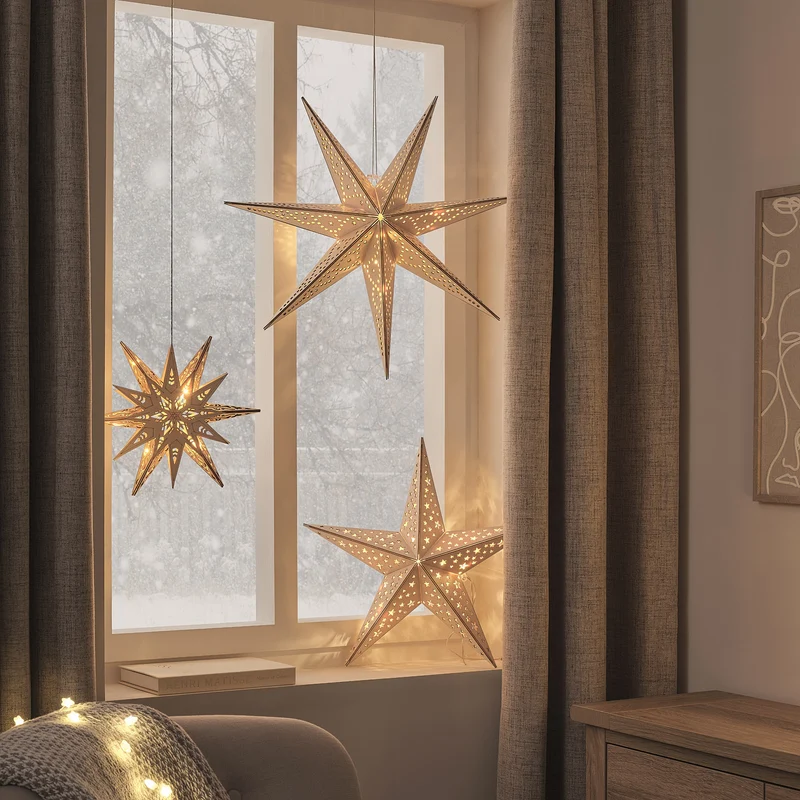LED-Holzstern zum Hängen mit Fernbedienung und 6 warmweißen LEDs