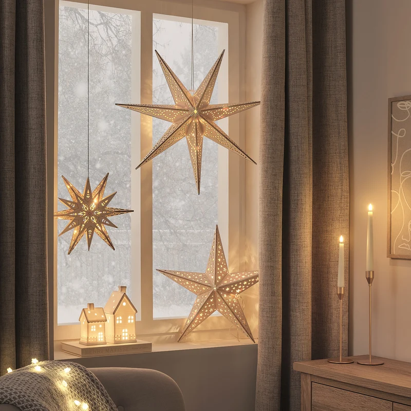 LED-Holzstern zum Hängen mit Fernbedienung und 6 warmweißen LEDs