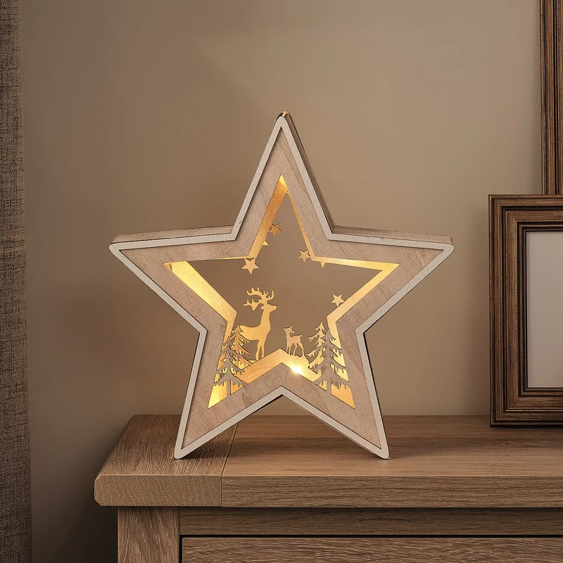 28 cm LED-Holzsilhouette Rentier unter Sternen in Warmweiß mit Timer