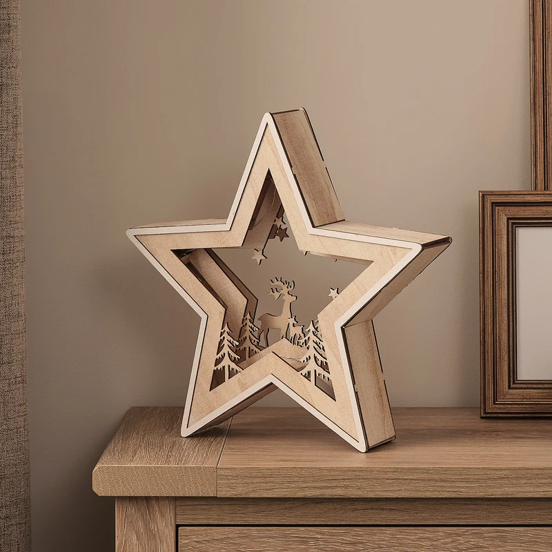 28 cm LED-Holzsilhouette Rentier unter Sternen in Warmweiß mit Timer