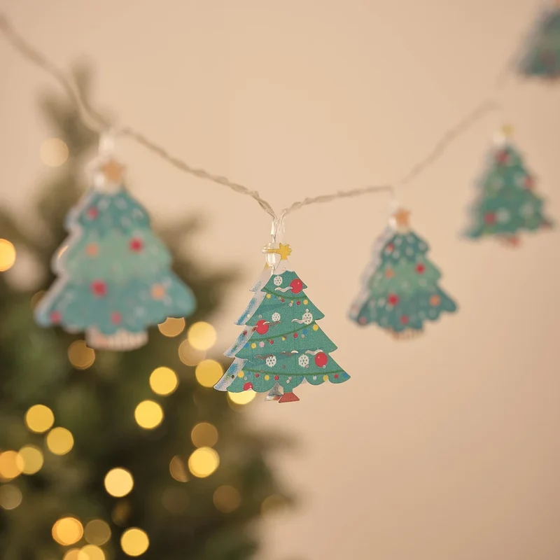 Warmweiße LED-Mikro-Lichterkette mit 10 Weihnachtsbäumen aus Metall
