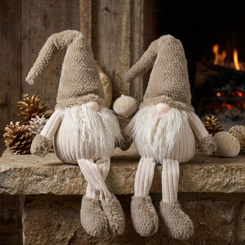 Weihnachtswichtel Kantenhocker 50cm(70cm) 2er Set– 2 Stück Flauschige Gnome mit langem Bart, Zipfelmütze & großen Fellfüßen
