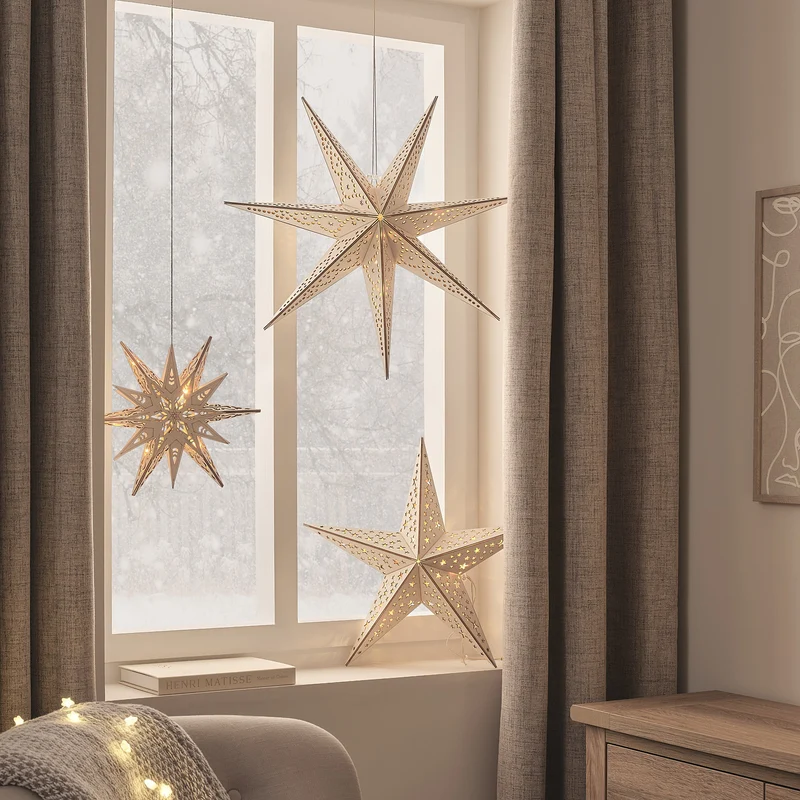 3er-Set LED-Holzsterne in Gold zum Aufhängen mit Fernbedienung