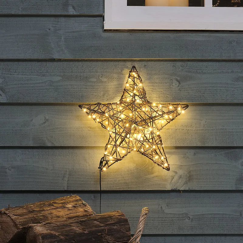 Warmweißer Rattan-LED-Stern 30 cm mit 80 Mikro-LEDs und Timer