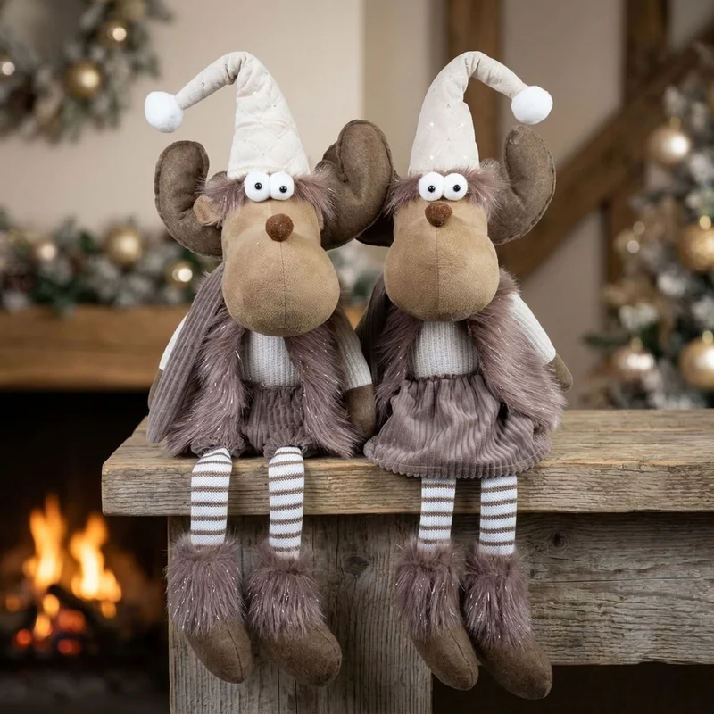 Weihnachtselch Kantenhocker 36cm(79cm) 2 Designs – mit riesigem Geweih, langer Zipfelmütze & gestreiften Beinen