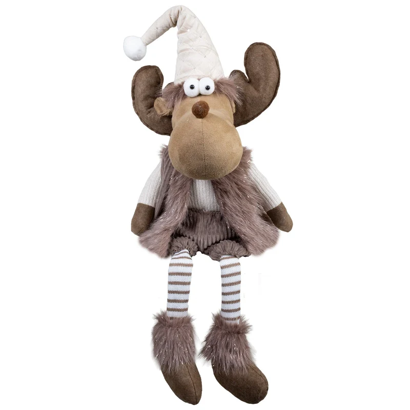 Weihnachtselch Kantenhocker 36cm(79cm) 2 Designs – mit riesigem Geweih, langer Zipfelmütze & gestreiften Beinen