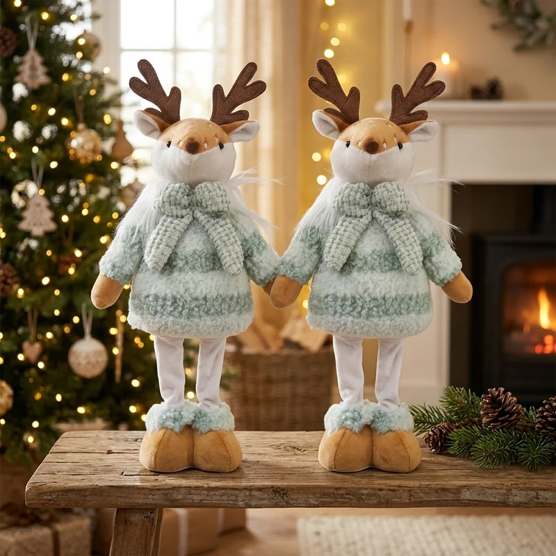 Weihnachtselch stehend 34 cm 2 Stück – 2er Set mit gleichen Winterelchen in Mintgrün, Schal & großen Plüschfüßen