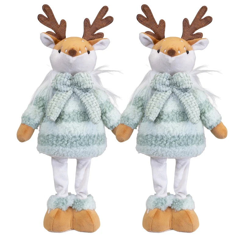 Weihnachtselch stehend 34 cm 2 Stück – 2er Set mit gleichen Winterelchen in Mintgrün, Schal & großen Plüschfüßen