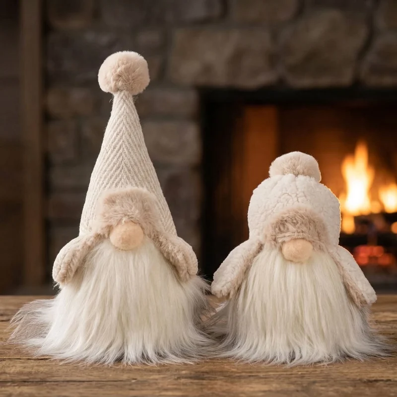 Weihnachtswichtel sitzend 18cm/28cm – 2 Designs in Creme mit Strickmütze, Fliegermütze & langem Plüschbart