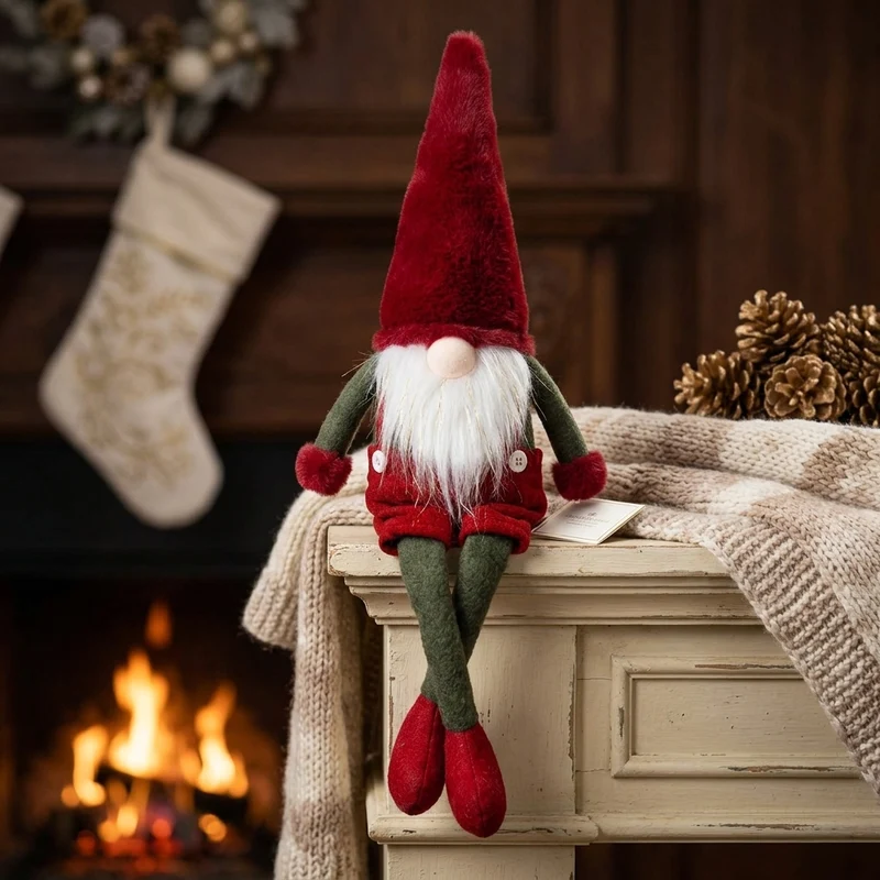 Weihnachtswichtel Kantenhocker 43cm(70cm) – Roter Wintergnom mit langer Plüschmütze, langen Beinen & Glitzerbart