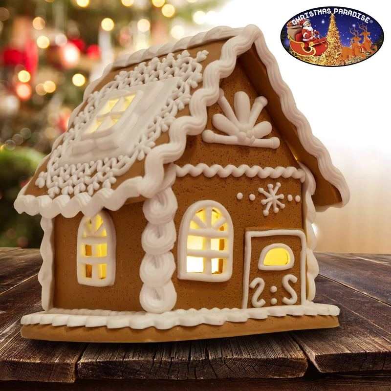 Lebkuchenhaus mit warmweißem LED-Licht und Timer - Größe 13cm Farbe braun