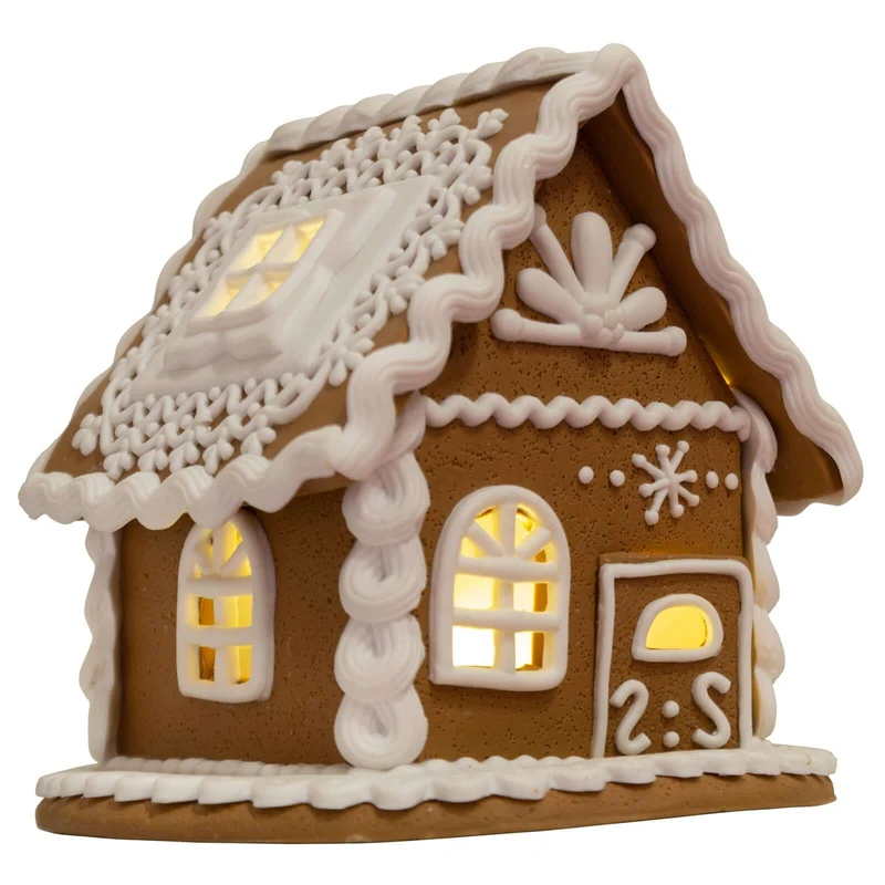 Lebkuchenhaus mit warmweißem LED-Licht und Timer - Größe 13cm Farbe braun