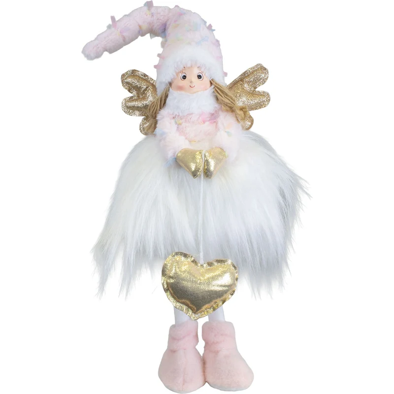Weihnachtsengel stehend 62 cm – Flauschiger Engel in Rosa und Weiß mit goldenen Flügeln & Herz