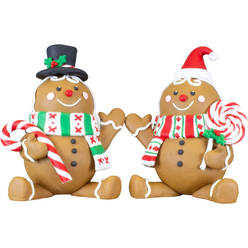 Lebkuchenfiguren 14 cm Tischdeko – 2 Designs mit Weihnachtsmannmütze, Schneemann-Zylinder, Zuckerstange & Lolli