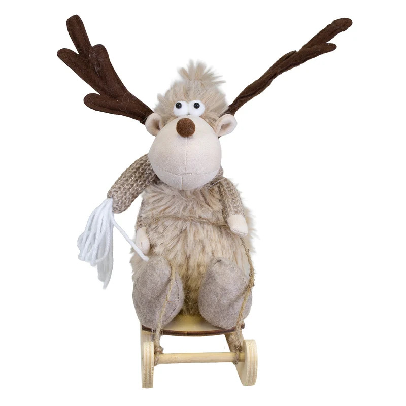 Weihnachtselch auf Schlitten 35 cm – Flauschiger Winterelch mit großem Geweih & Strickschal