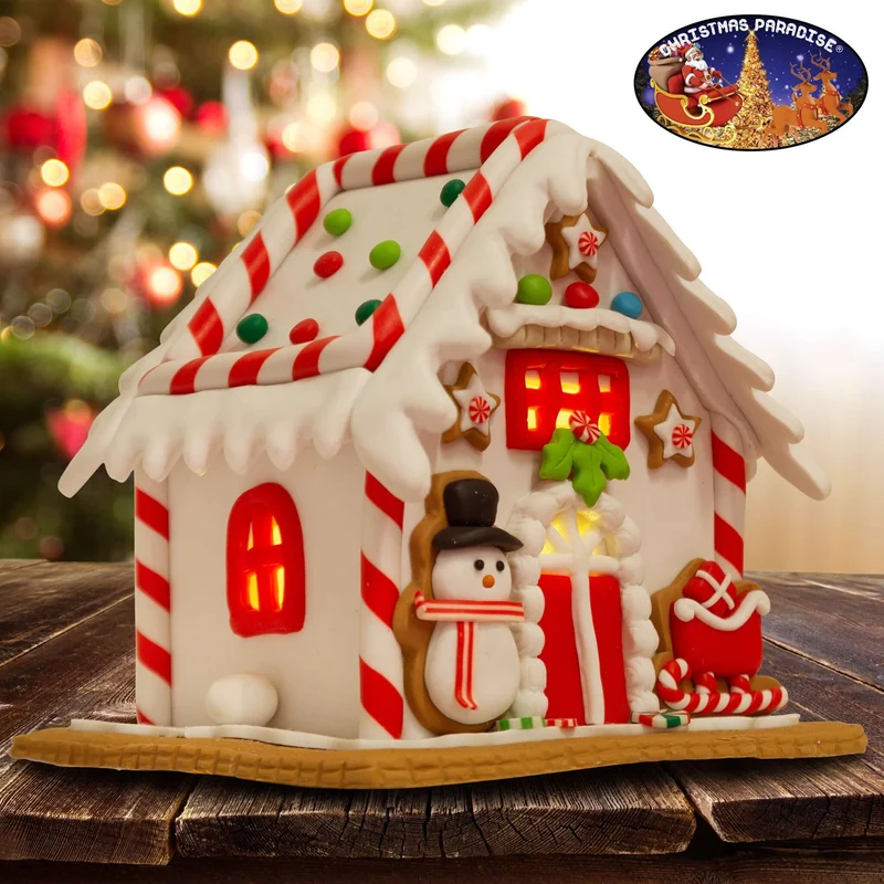 Lebkuchenhaus mit warmweißem LED-Licht - Größe 13cm - Farbe weiß-rot