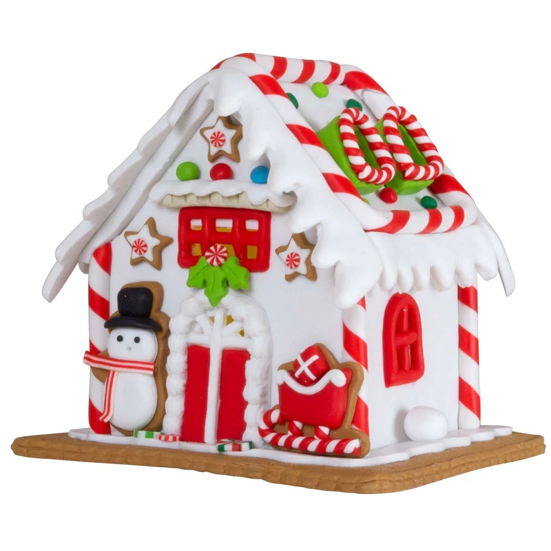 Lebkuchenhaus mit warmweißem LED-Licht - Größe 13cm - Farbe weiß-rot