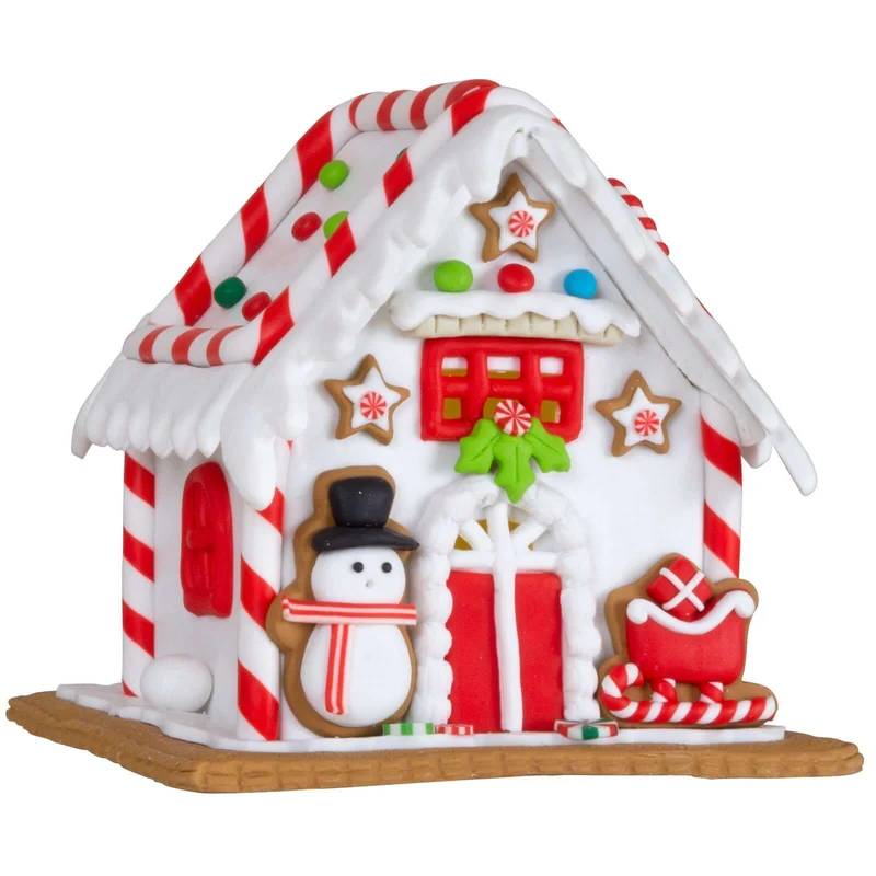 Lebkuchenhaus mit warmweißem LED-Licht - Größe 13cm - Farbe weiß-rot