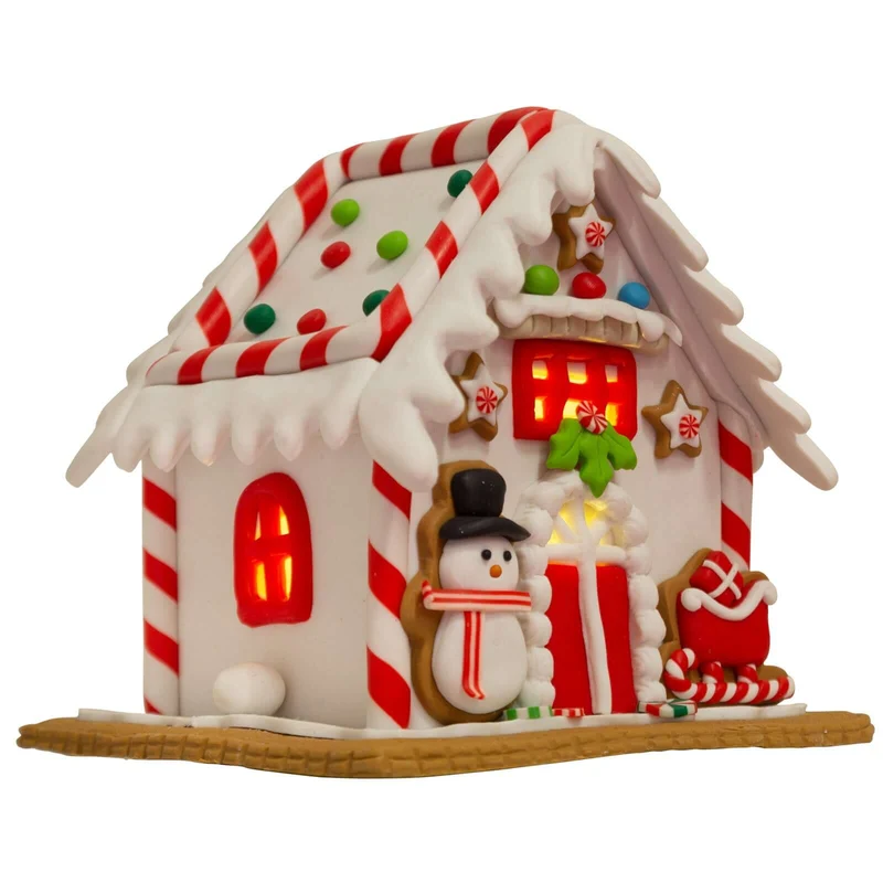 Lebkuchenhaus mit warmweißem LED-Licht - Größe 13cm - Farbe weiß-rot