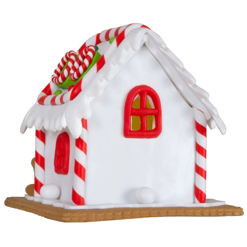 Lebkuchenhaus mit warmweißem LED-Licht - Größe 13cm - Farbe weiß-rot
