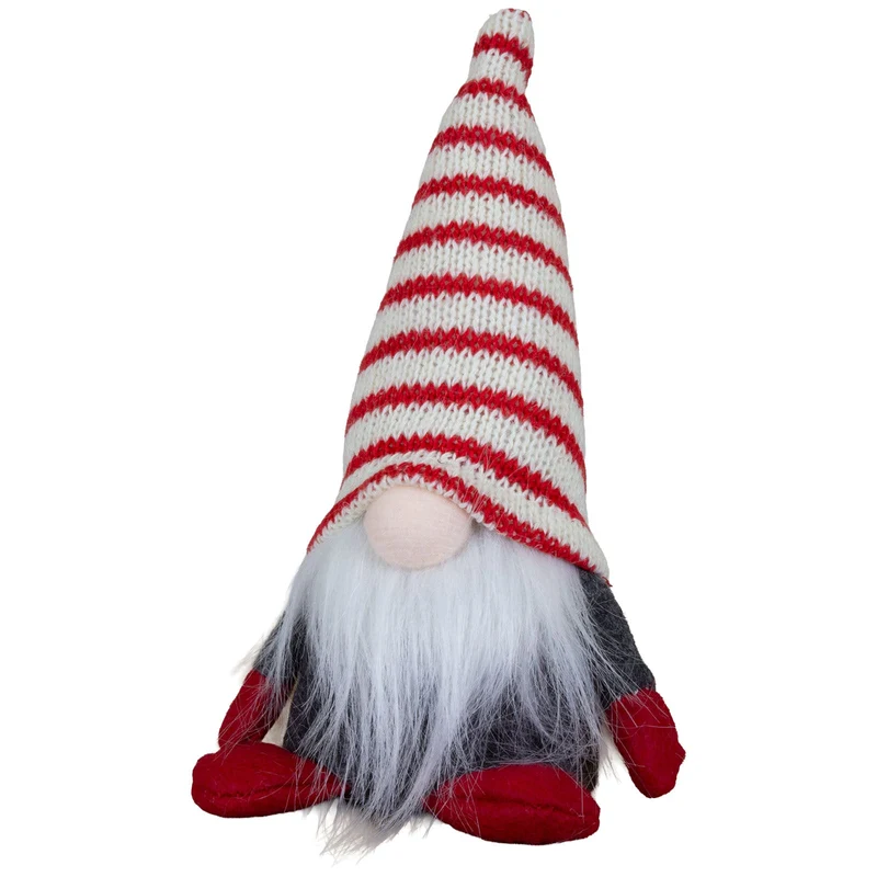 Weihnachtswichtel 16cm sitzend 8er Set – Grauer Wintergnom mit rot-weißer Strickmütze und Plüschbart