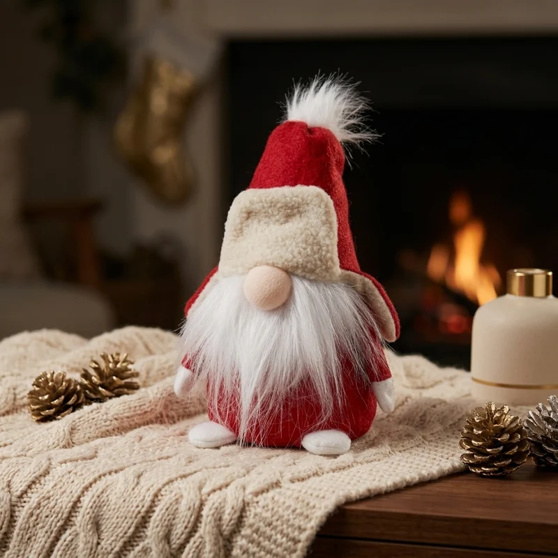 Weihnachtswichtel sitzend 18 cm – Roter Wintergnom mit Fliegermütze und langem Plüschbart