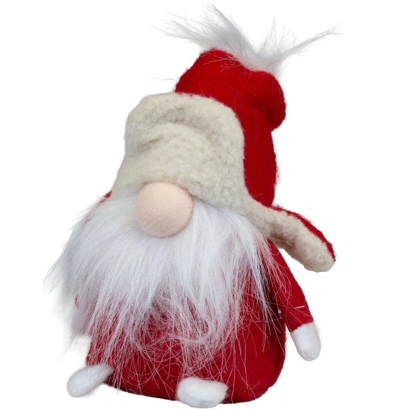 Weihnachtswichtel sitzend 14 cm – Roter Wintergnom mit flauschiger Fliegermütze und langem Plüschbart