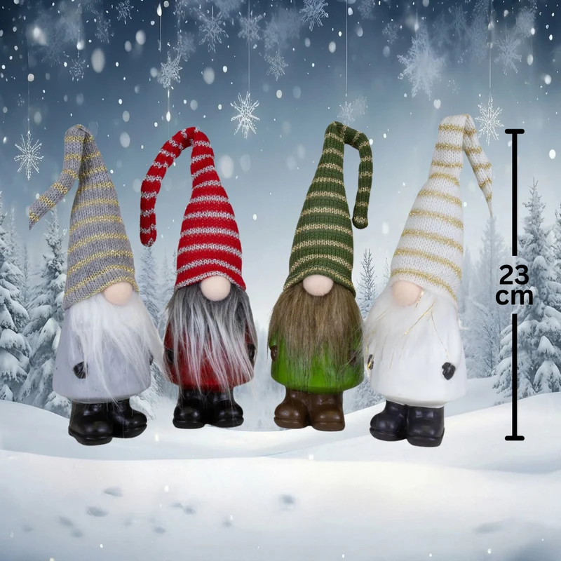 Weihnachtswichtel 4er Set stehend 23cm(31cm) – 4 Designs, mit langen Zipfelmützen