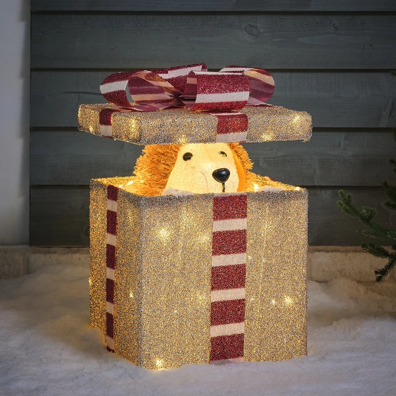 Animierte LED-Weihnachtsfigur Hund im Geschenkkarton für den Außenbereich