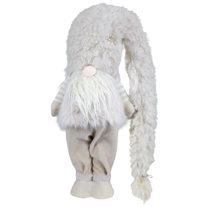 Weihnachtswichtel stehend 63 cm – Flauschiger Wintergnom in Beige mit Glitzerbart und langer Zipfelmütze