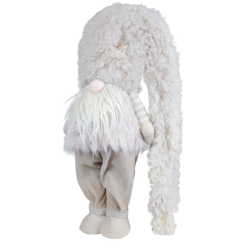 Weihnachtswichtel stehend 63 cm – Flauschiger Wintergnom in Beige mit Glitzerbart und langer Zipfelmütze