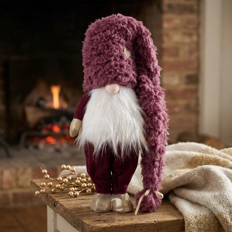 Gnom stehend 64cm – Kuscheliger Deko-Wichtel mit langer Zipfelmütze, Glitzerbart & Goldakzenten | Weihnachtsdekoration