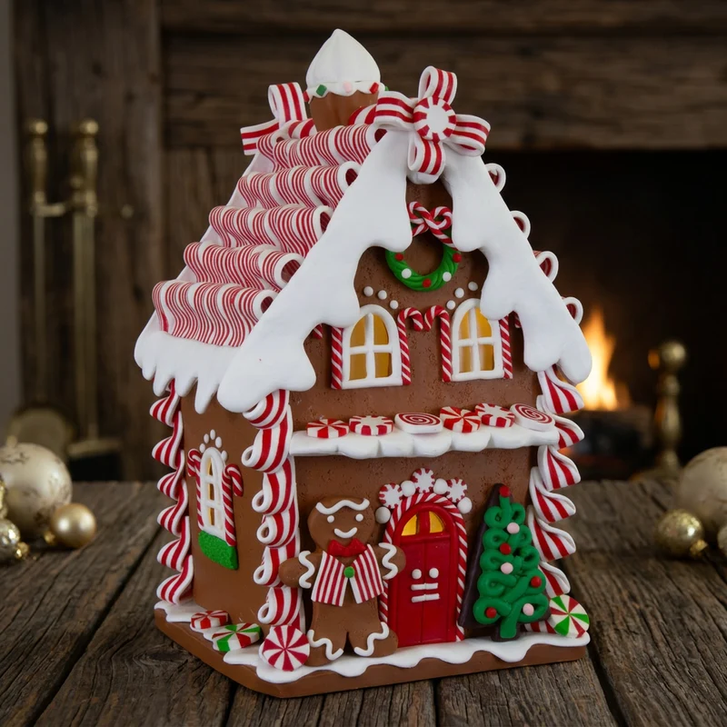 Leuchtendes Lebkuchenhaus 21 cm – Dekohaus mit Zuckerstangen-Details