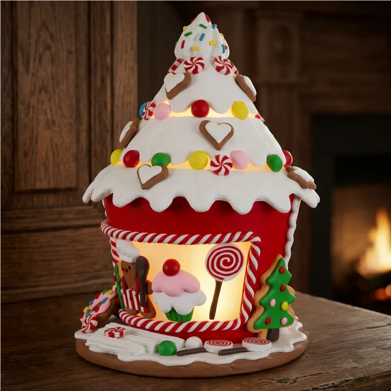 Festliches LED Lebkuchenhaus 22 cm – Muffin-Haus mit Bäcker