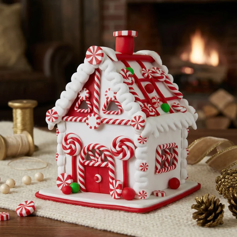 Festlich versüßtes LED-Lebkuchenhaus 15cm – Rot & Weiß