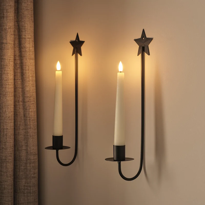 2er Set TruGlow® LED-Stabkerzen mit Stern-Wandhaltern und Fernbedienung in Elfenbein & Schwarz