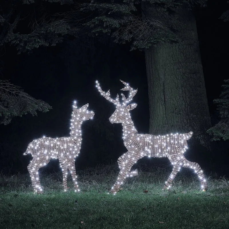 2er Set Pateley Bicolor LED-Rentiere Hirsch und Hirschkuh in Rattanoptik
