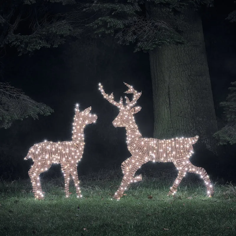 2er Set Pateley Bicolor LED-Rentiere Hirsch und Hirschkuh in Rattanoptik