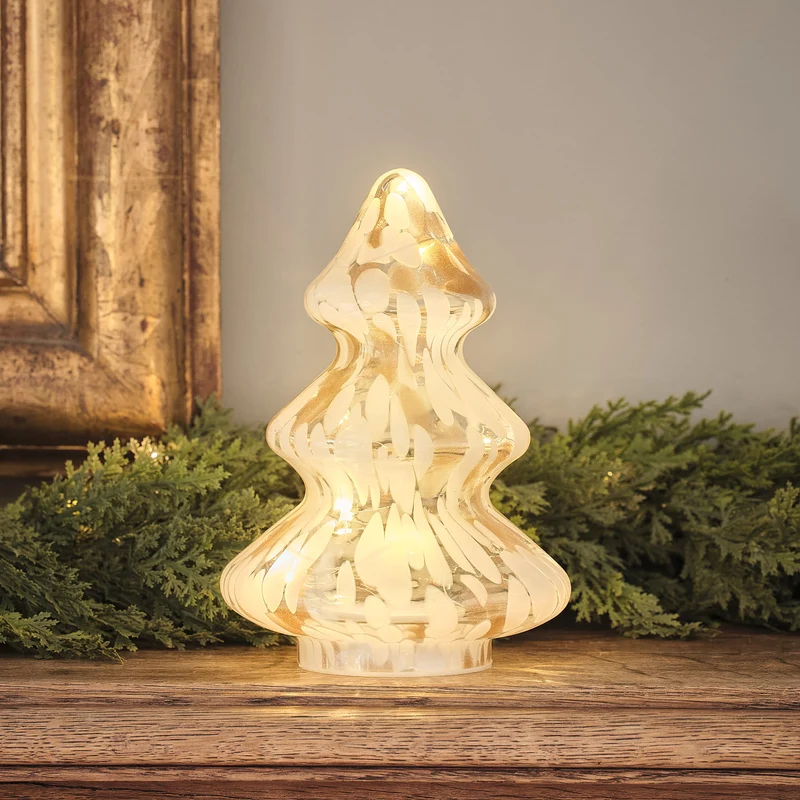 2er Set LED-Weihnachtsdeko aus Glas mit Stern und Baum in Champagner und Weiß
