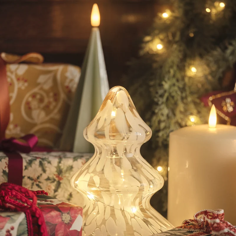 2er Set LED-Weihnachtsdeko aus Glas mit Stern und Baum in Champagner und Weiß