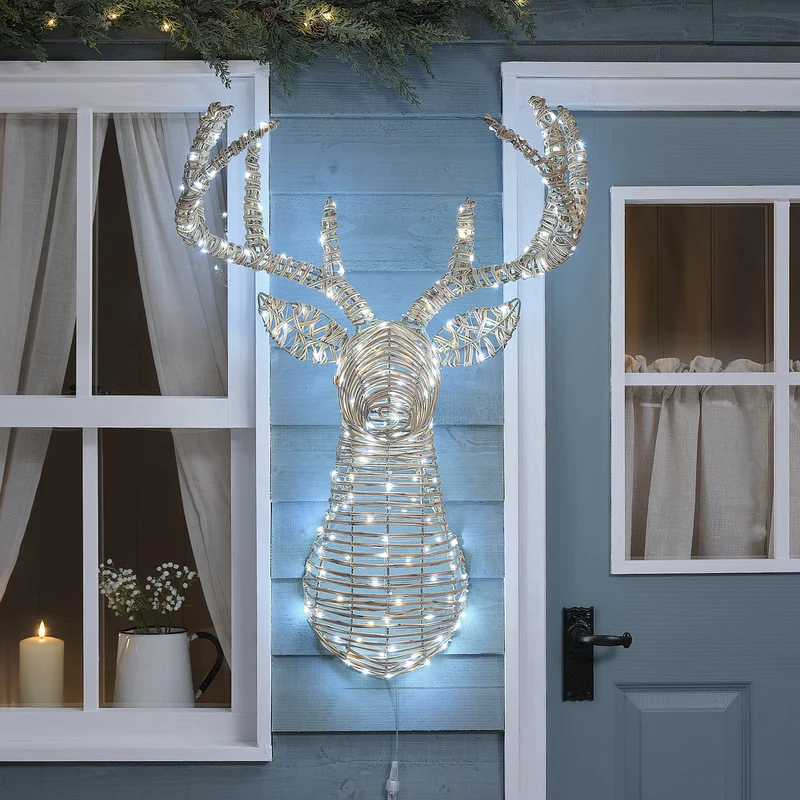 87 cm Leyburn LED-Hirschkopf aus Rattan mit 230 Bicolor LEDs für den Außenbereich
