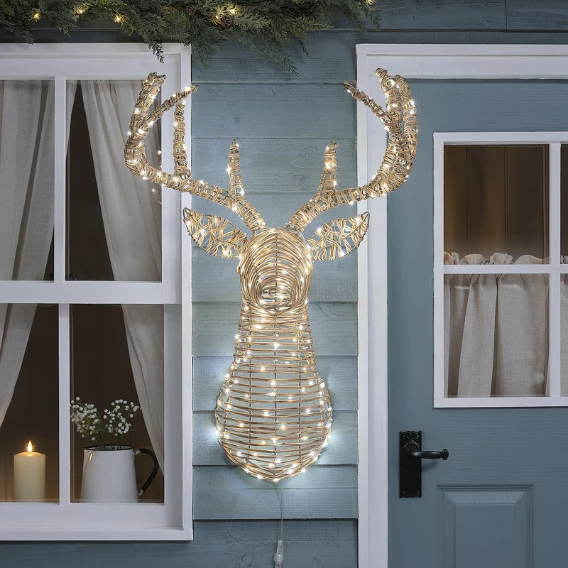 87 cm Leyburn LED-Hirschkopf aus Rattan mit 230 Bicolor LEDs für den Außenbereich